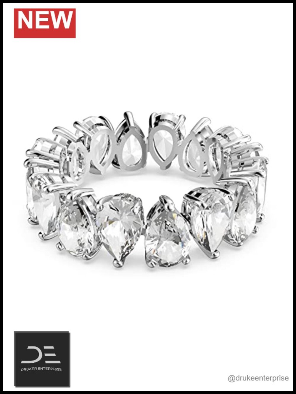 Rhodium Plated Swarovski Crystals Pear Shaped Ring - Silver Statement Ring